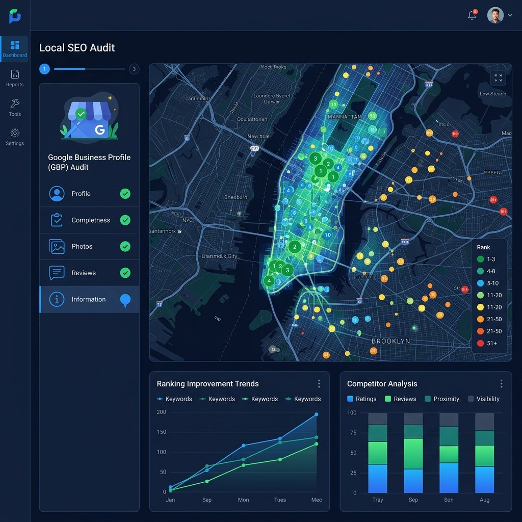 Local SEO Geo-Grid Audit Dashboard showing rank tracking across New York City zip codes