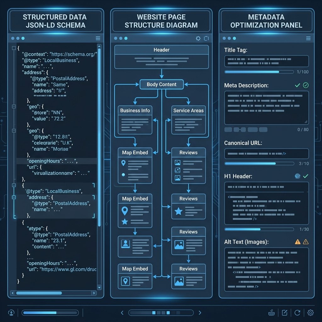 Schema markup and on-page SEO optimization code visualization