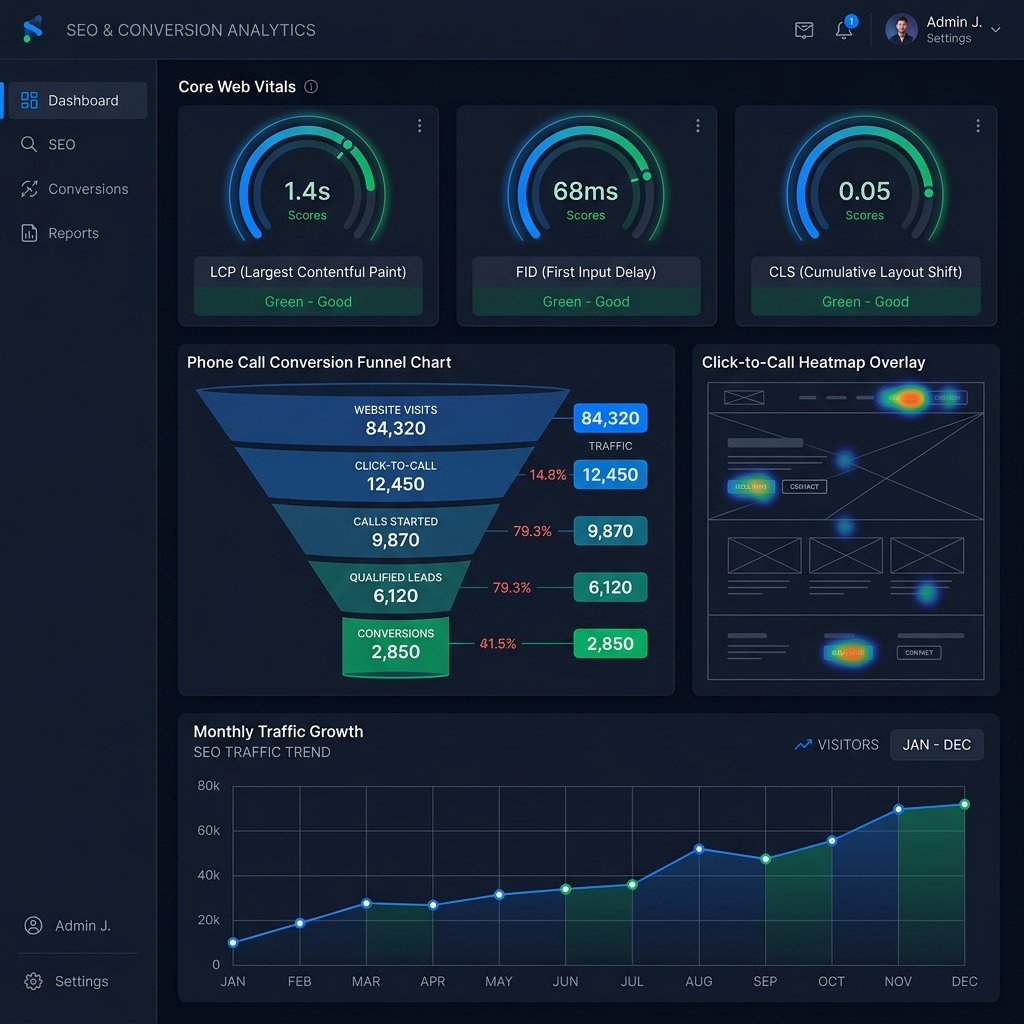 Analytics dashboard showing Core Web Vitals, conversion tracking, and monthly SEO performance
